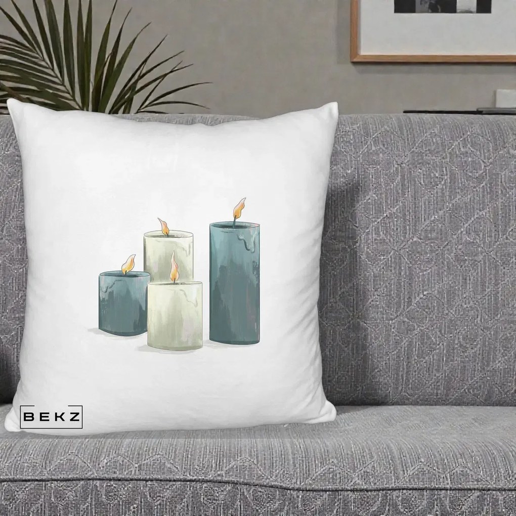 Perna Decorativa Lumanari Hygge Alb-Verde, 40x40 cm, Alb Pufos, Husa Detasabila, Perna Inclusa, BEKZ®