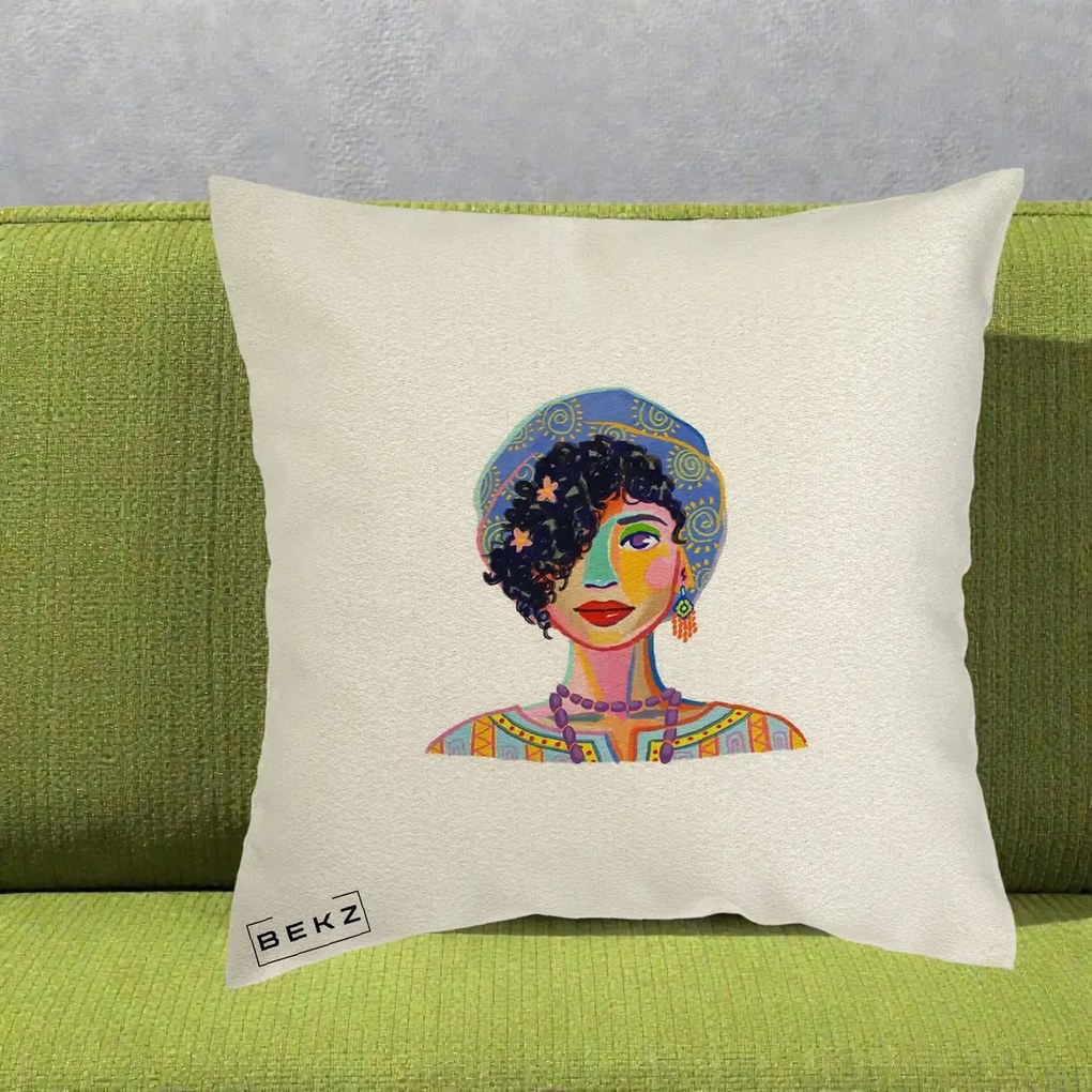 Perna decorativa Portret Femeie Etnic Colorat, 40x40 cm cu Umplutura, Ecru, BEKZ