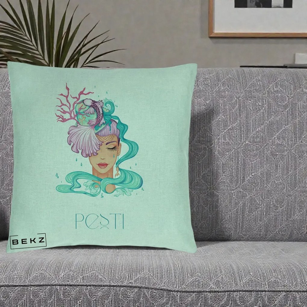 Perna Personalizata Zodiac Pesti Cowgirl, 40x40 cm, Verde Menta, Husa Detasabila, Perna Inclusa, BEKZ®