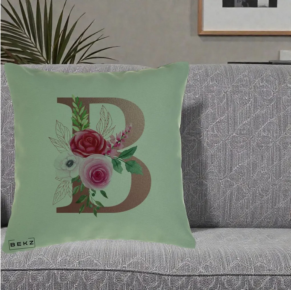 Cadou Personalizat - Perna Personalizata Monograma Rose Gold Litera B, 40x40 cm, Verde, Husa Detasabila, Perna Inclusa, BEKZ®