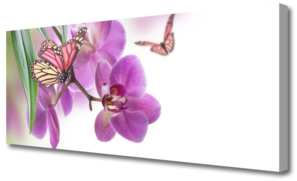 Tablou pe panza canvas Fluturi Flori Natura Galben Roz Gri