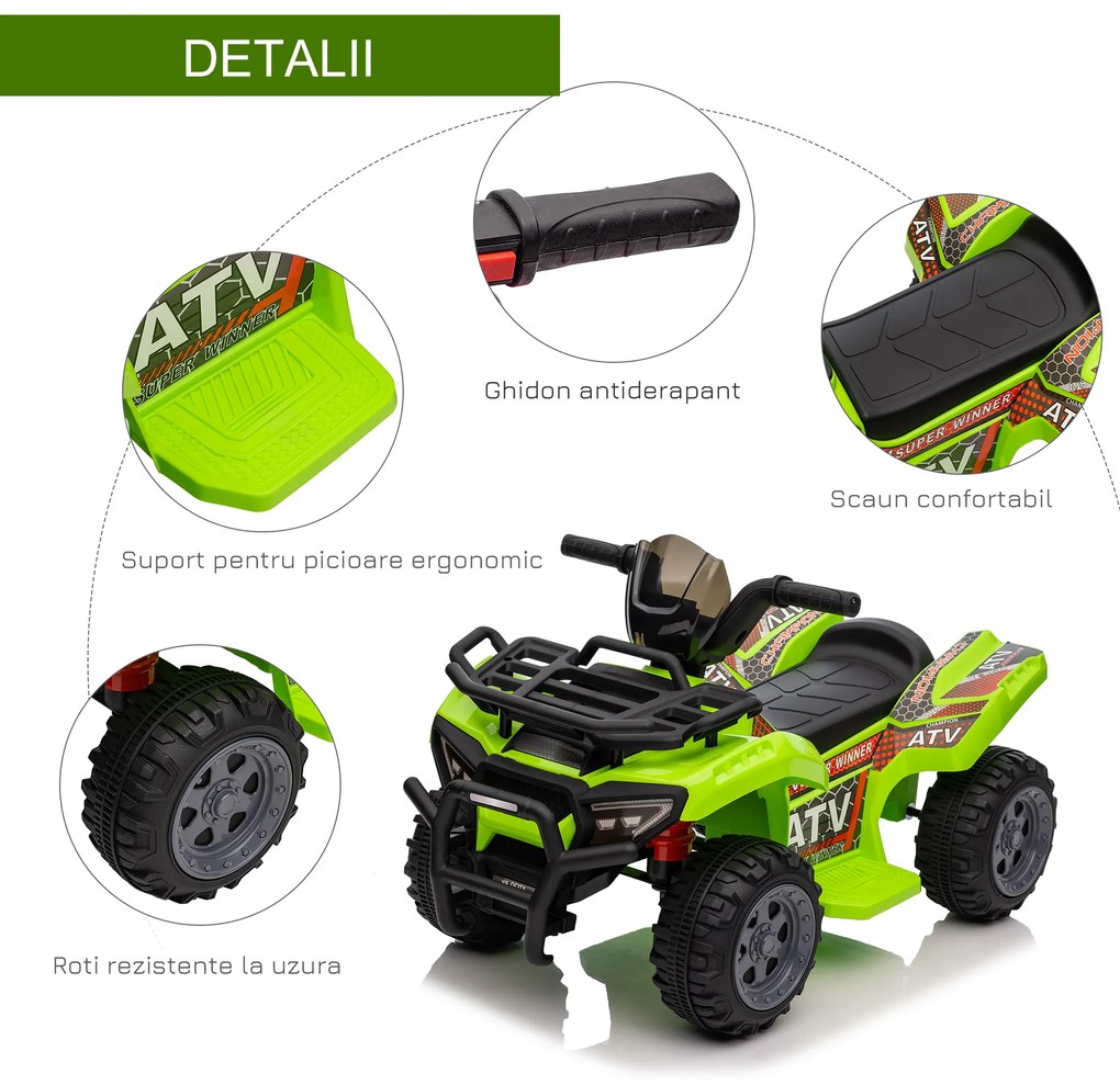 Quad Electric pentru Copii HOMCOM Baterie Reincarcabila 6V, 6V Faruri Functionale si Pedale, Varsta 18-36 Luni, 66x44x42cm, Verde | Aosom Romania