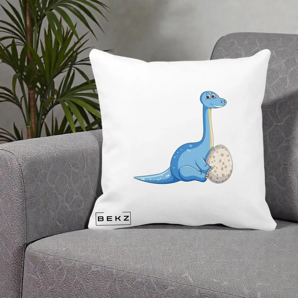 Perna Decorativa Brontosaur cu Ou, 40x40 cm, Alba Mata, Husa Detasabila, Perna Inclusa, BEKZ®
