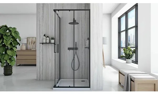 Cabina de dus patrata cu usi glisante negru Rea City 80x80 cm si cadita neagra