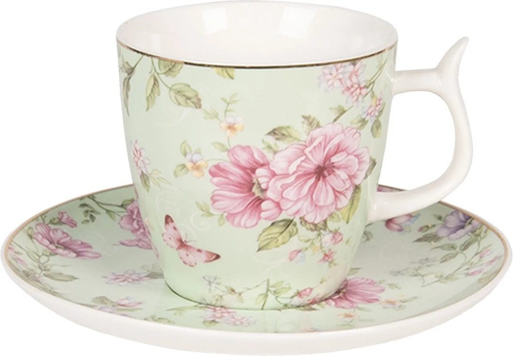 Ceasca cu farfurioara portelan verde roz Roses Ø 7 x 7 cm 0,16L