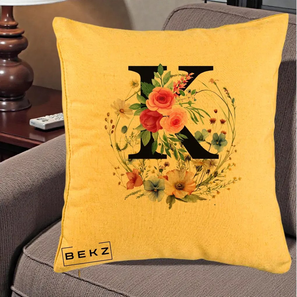 Cadou Personalizat - Perna Personalizata Monogram Litera K cu Flori Acuarela, 40x40 cm, Galben, Husa Detasabila, Perna Inclusa, BEKZ®