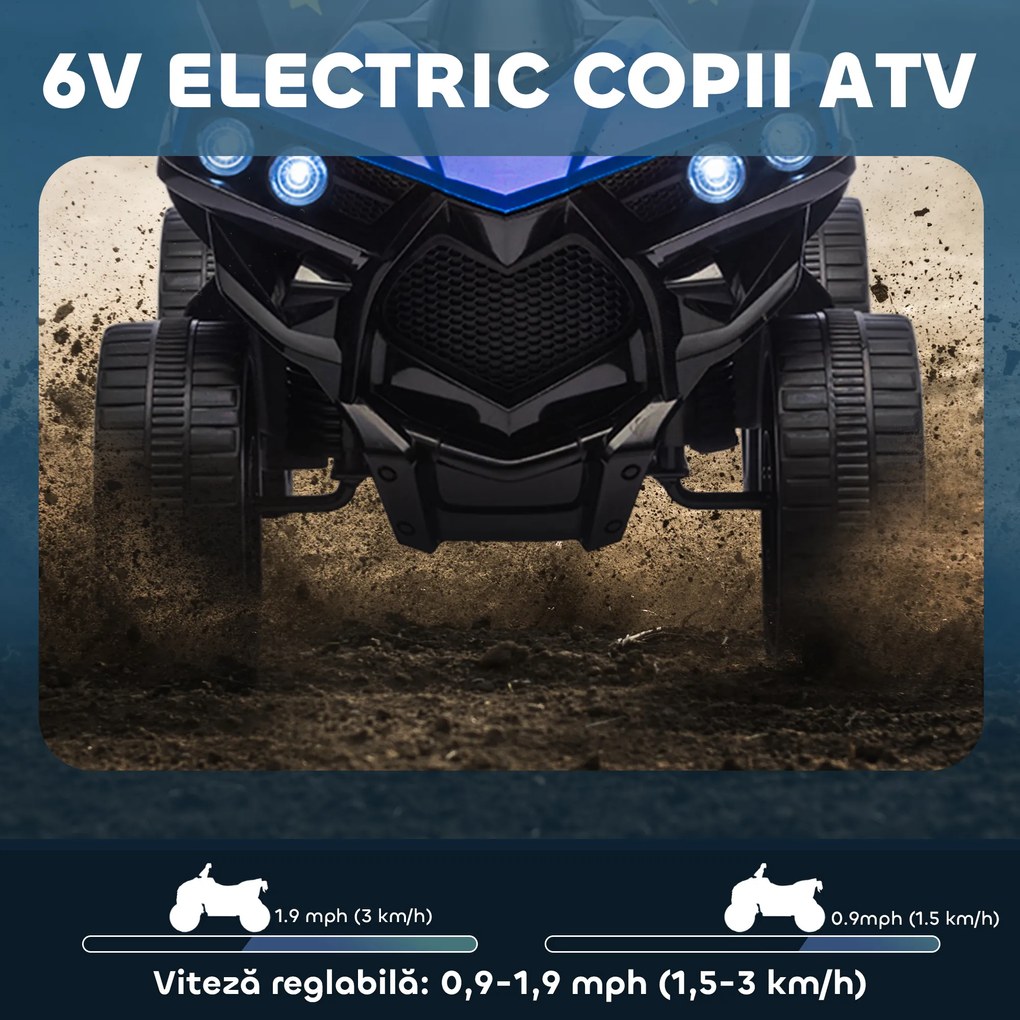 AIYAPLAY ATV pentru Copii 6V, Mașinuță Electrică cu 4 Roți cu Muzică și Faruri LED, pentru Vârstele 3-8 Ani Băieți și Fete, Albastru | Aosom Romania