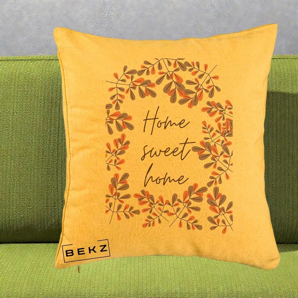 Perna Decorativa Home Sweet Home Frunze Colorate, 40x40 cm, Galben, Husa Detasabila, Perna Inclusa, BEKZ®