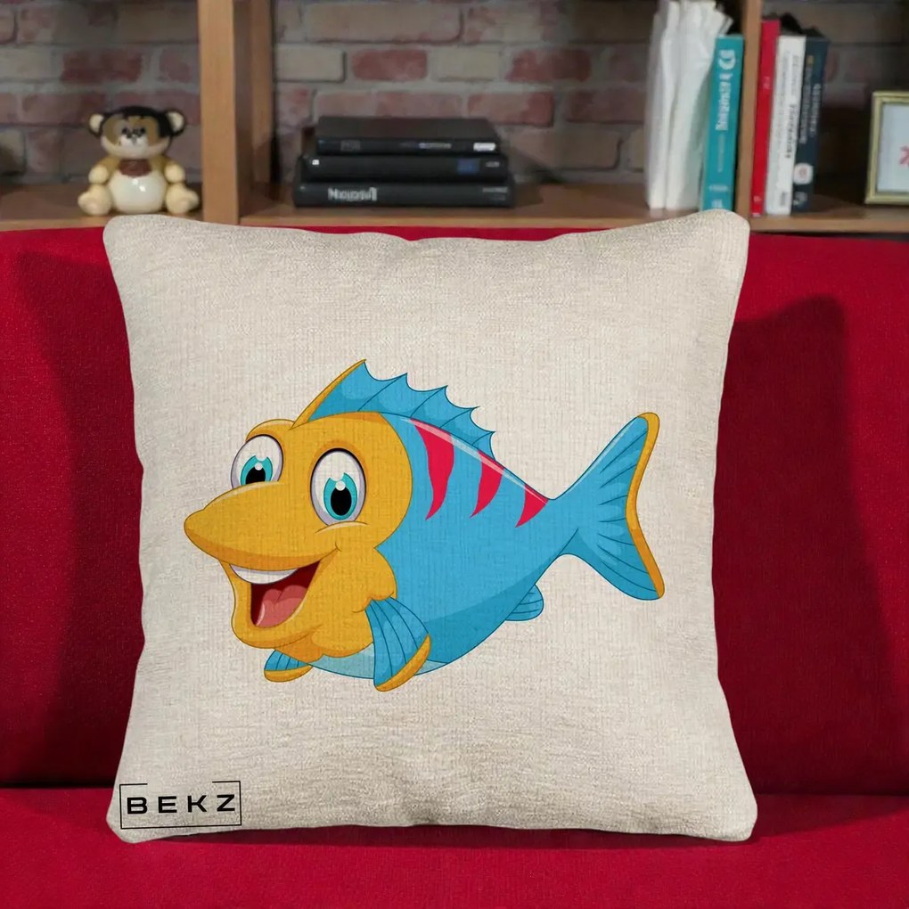 Perna Decorativa Peste Vesel Cartoon, 40x40 cm, Bej Canapea, Husa Detasabila, Perna Inclusa, BEKZ®