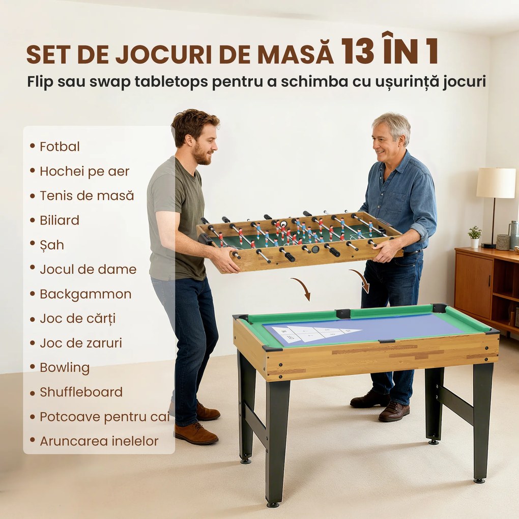 SPORTNOW Masă de Jocuri 13 în 1 cu Fotbal de Masă, Ping Pong, Air Hockey, Biliard, Șah și Altele, Culoare Nuc | Aosom Romania