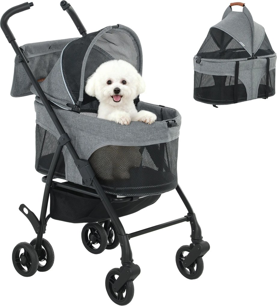 PawHut Cărucior pentru câini Cărucior 3 în 1 detașabil pliabil cu cușetă amovibilă și fără fermoar suspensie Gri | Aosom Romania