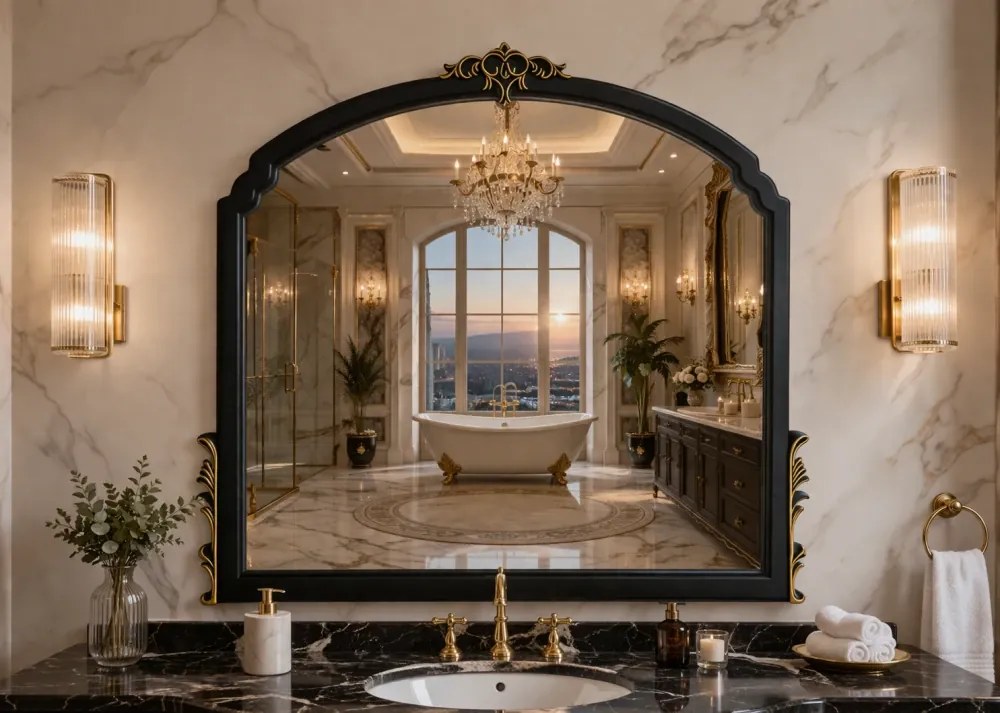 Oglindă decorativă de perete, ramă negru-auriu antichizată, 65x90 cm