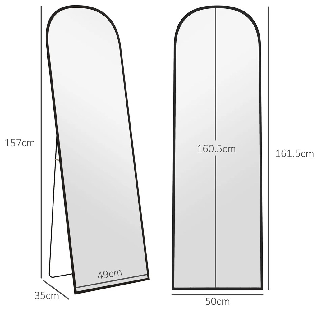 HOMCOM Oglindă de Podea și Perete, Oglindă Modernă cu Structură din Aliaj de Aluminiu și Suport Pliabil, 50x161.5 cm, Negru | Aosom Romania