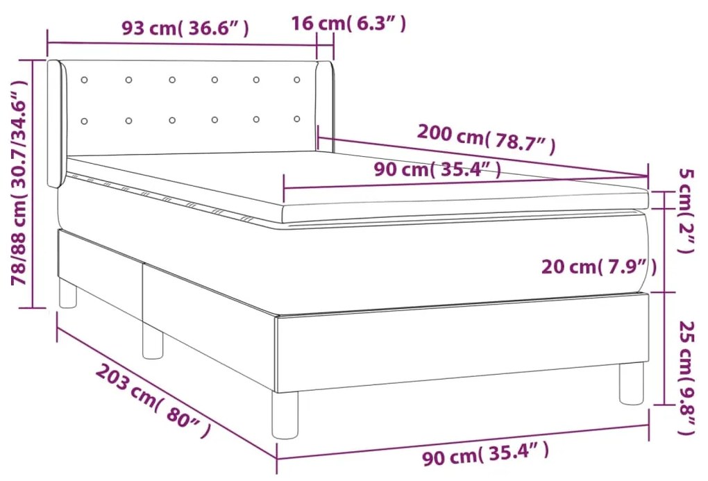 Pat box spring cu saltea, gri deschis, 90x200 cm, textil Gri deschis, 90 x 200 cm, Nasturi de tapiterie