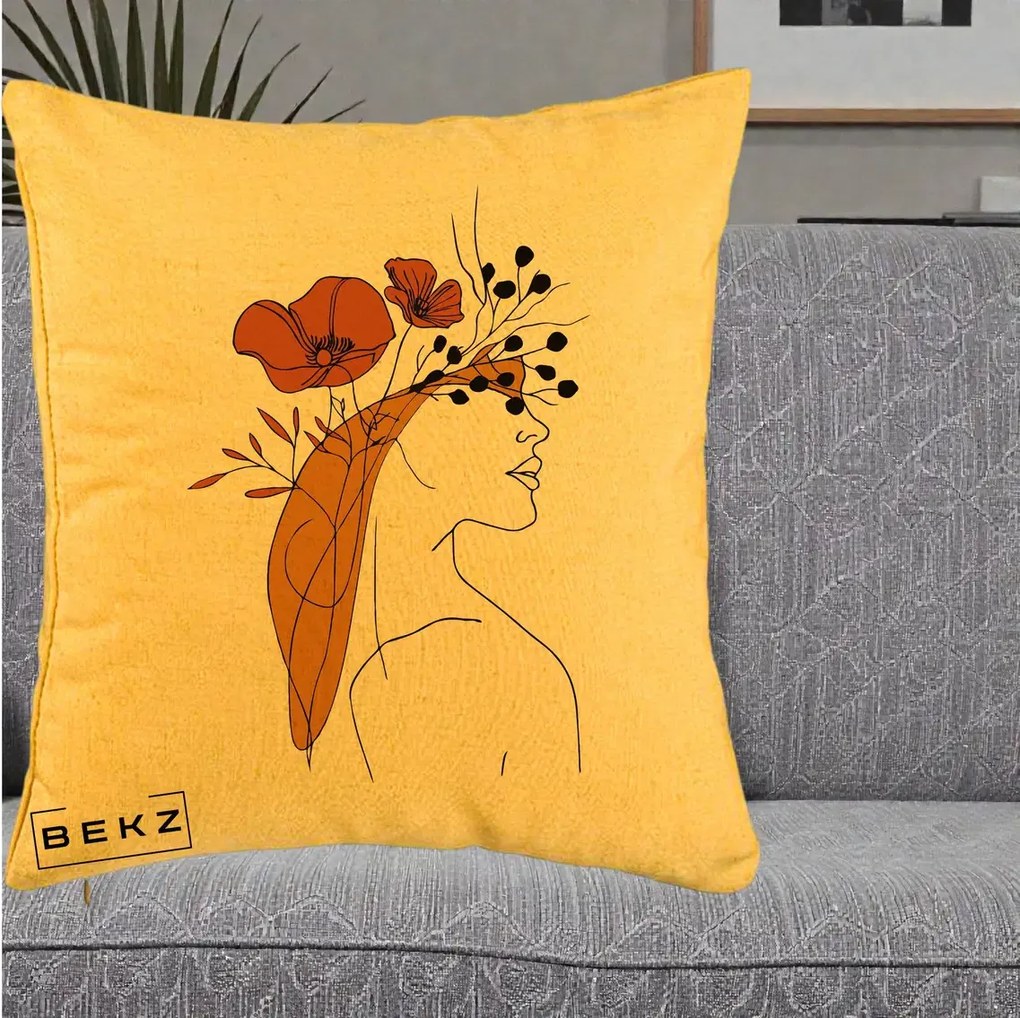 Perna Decorativa Portret Feminin Maci Rosii Auriu, 40x40 cm, Galben, Husa Detasabila, Perna Inclusa, BEKZ®