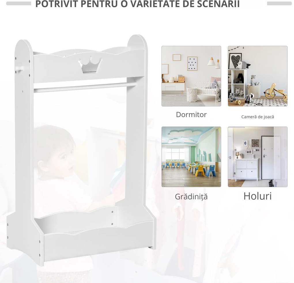 HOMCOM Suport Haine Copii cu Etajere și Agățători, Mobilier Dormitor Lemn, 63x37x103cm, Alb | Aosom Romania