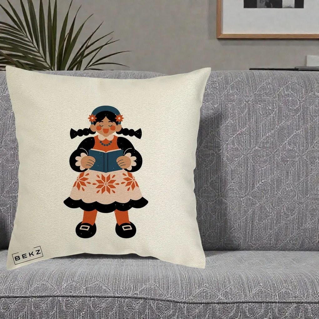 Perna Personalizata Fetita cu Carte Ilustratie Folk, 40x40 cm, Ecru, Husa Detasabila, Perna Inclusa, BEKZ®