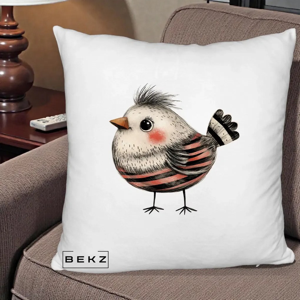 Perna Decorativa Pui Expresiv Dungi Negru-Rosu, 40x40 cm, Alb Pufos, Husa Detasabila, Perna Inclusa, BEKZ®