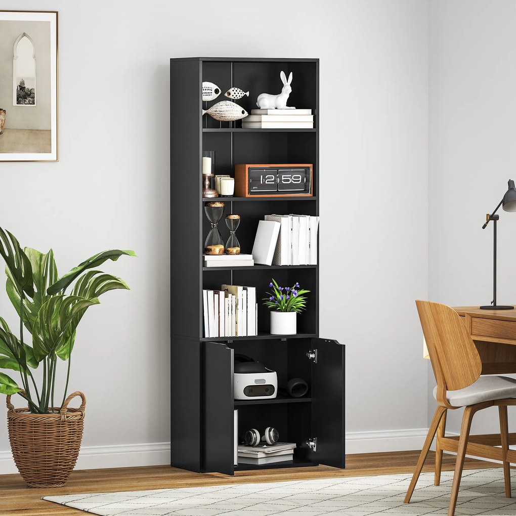 HOMCOM Bibliotecă Dulap pentru cărți cu 4 compartimente deschise și 2 uși pentru sufragerie și birou 59x29x180 cm Negru | Aosom Romania