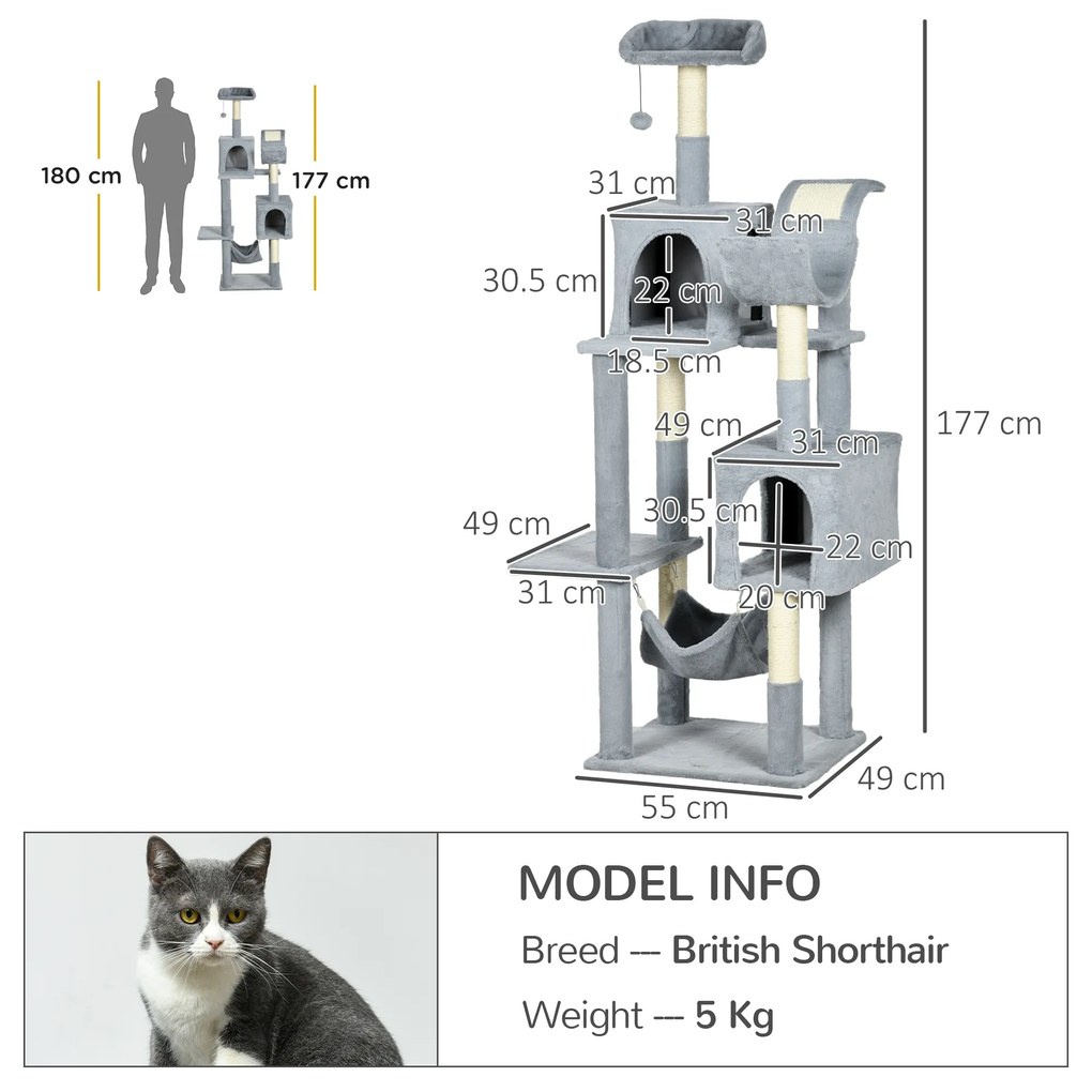 Copac de 177cm pentru Pisici pentru Pisici de Interior, Turn de Catarat pentru Pisici pe Mai Multe Niveluri, Gri 55x49x177cm PawHut | Aosom RO