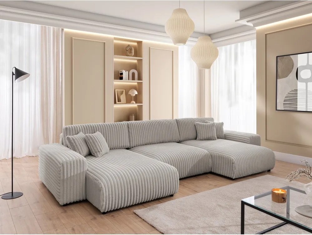 Colțar gri deschis extensibil/cu spațiu de depozitare cu tapițerie din catifea reiată (în formă de "U") Sarina – Ropez