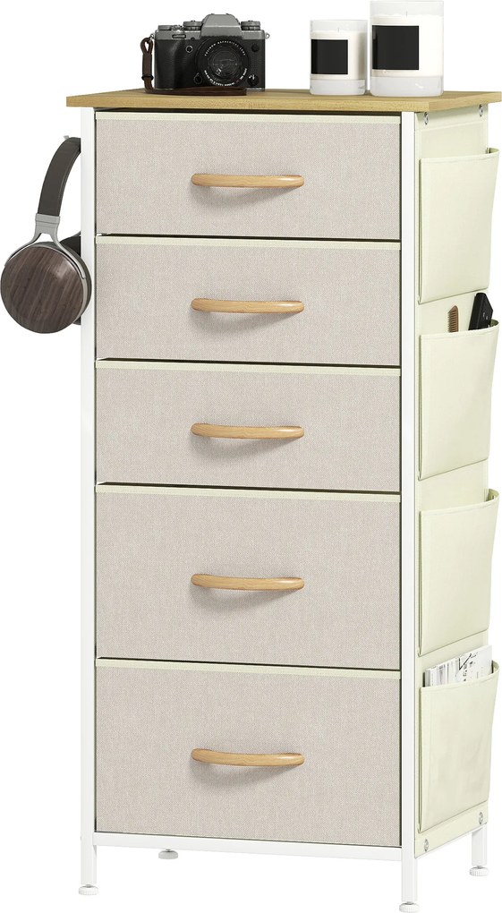 HOMCOM Comodă pentru dormitor cu 5 sertare din material textil, traverse din oțel, suprafață din lemn, 4 buzunare de depozitare, 2 cârlige, bej | Aosom Romania