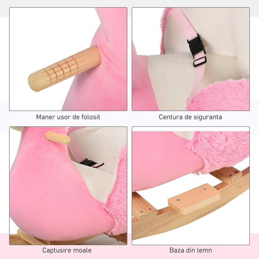 HOMCOM Balansoar Flamingo pentru Copii, Leagăn Moale din Pluș pe Structură de Lemn, Jucărie Interactivă 60x33x52cm Roz | Aosom Romania