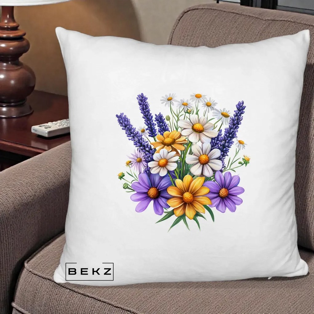 Perna Decorativa Lavanda Musetel si Flori Mov, 40x40 cm, Alb Pufos, Husa Detasabila, Perna Inclusa, BEKZ®