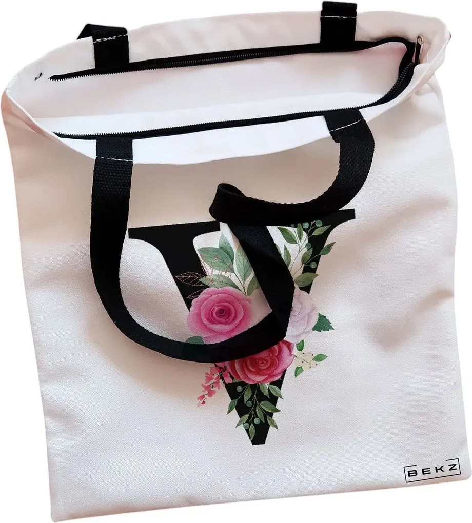 Sacosa de Panza pentru Cumparaturi, Geanta Tote, Cu litera V si Trandafiri, Cu fermoar, 38x34.5 cm, Alba, BEKZ®