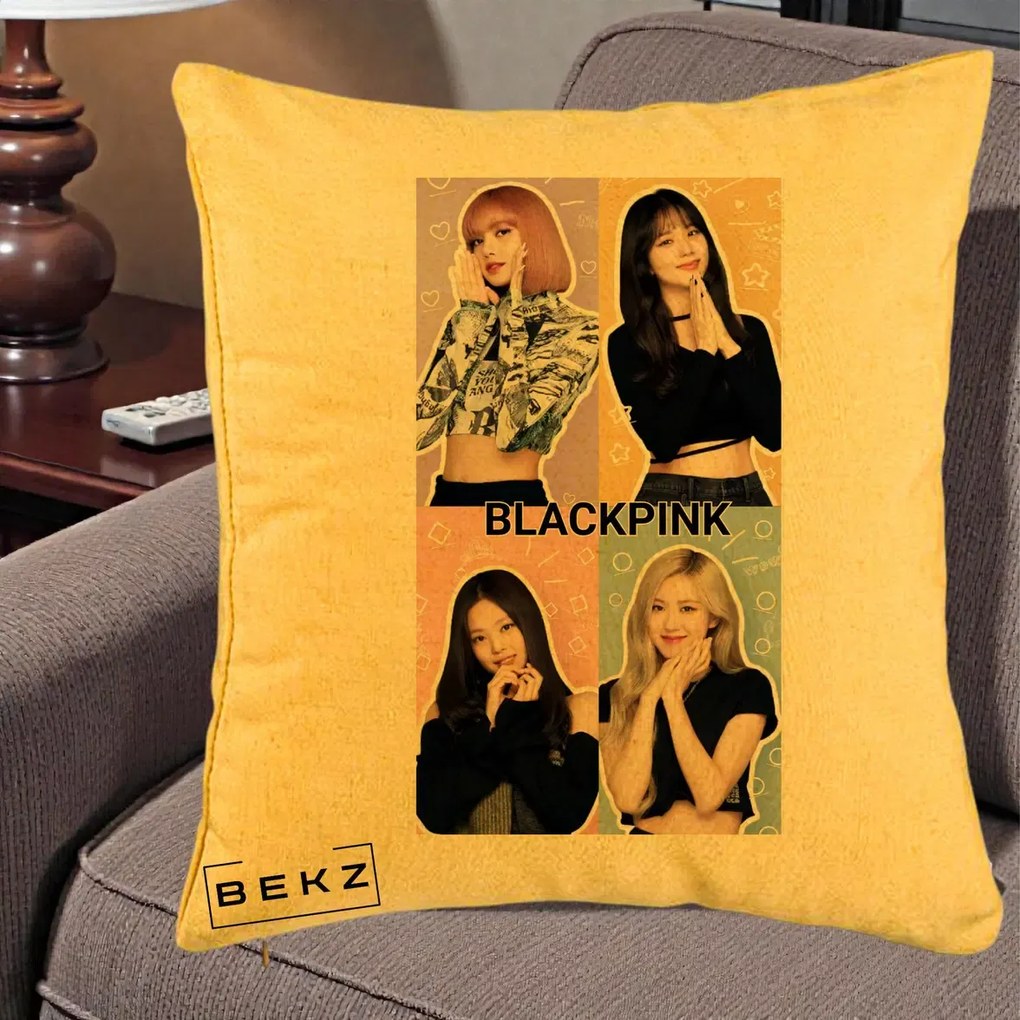 Perna Personalizata K-pop BLACKPINK Negru, 40x40 cm, Galben, Husa Detasabila, Perna Inclusa, BEKZ®