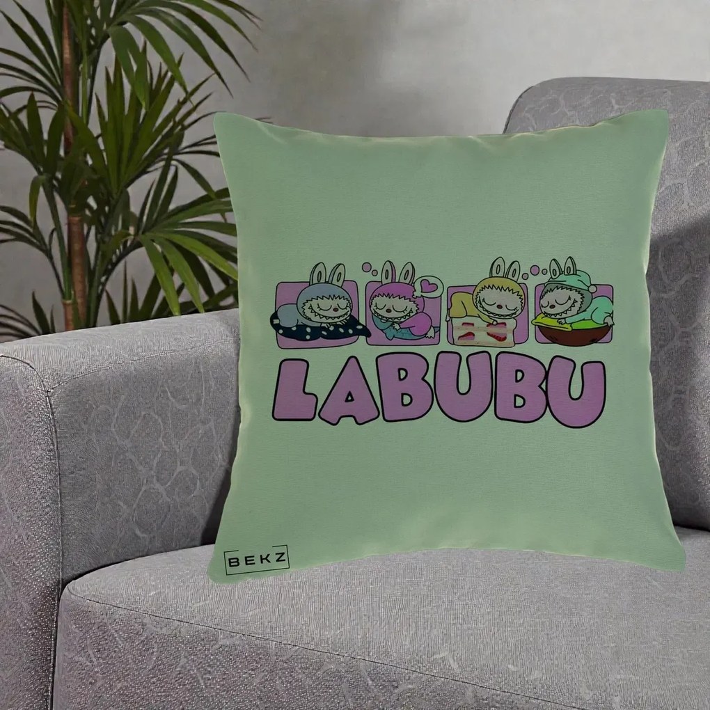 Perna Personalizata Labubu Sleeping Quad, 40x40 cm, Verde, Husa Detasabila, Perna Inclusa, BEKZ®