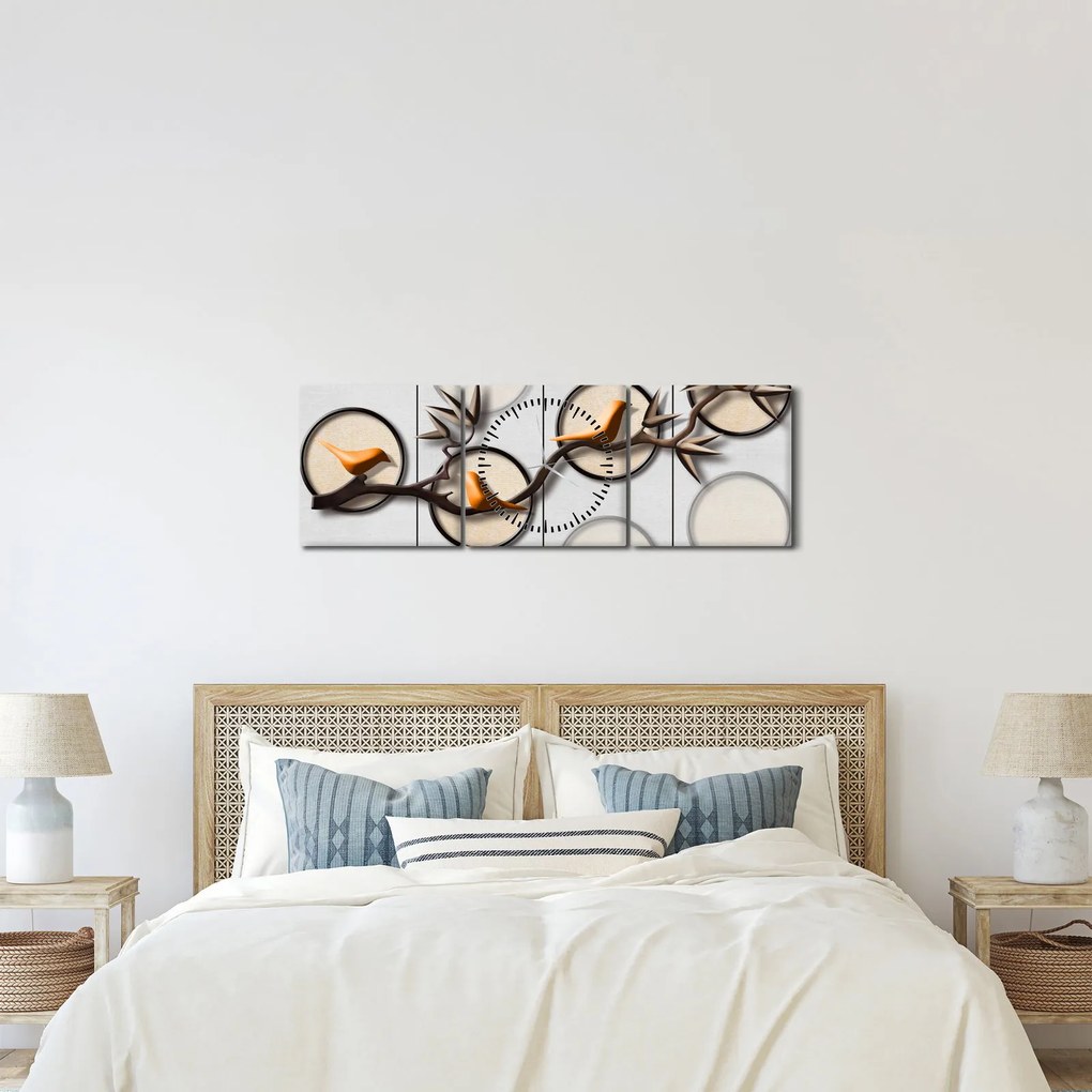 Tablou artistic - Păsărele pe creangă (cu ceas) (90x30 cm)