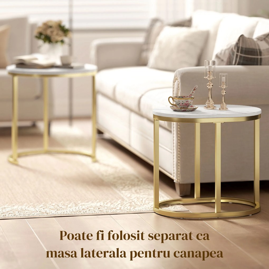 HOMCOM Set 2 Măsuțe de Cafea cu Blat cu Efect de Marmură din MDF și Oțel, Ø50x50.5 cm și 60x36x43.5 cm, Alb și Auriu | Aosom Romania