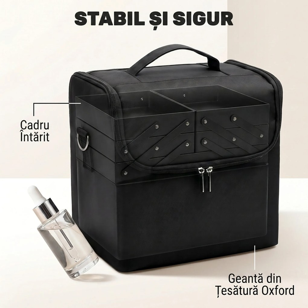 HOMCOM Trusă Machiaj Profesională, 4 Compartimente Interioare Detașabile, Curea și Mâner, 27,5x19,5x24,5 cm, Negru | Aosom Romania