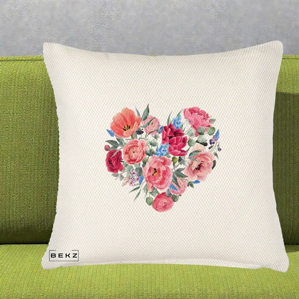 Perna Decorativa Inima din Bujori Acuarela, 40x40 cm, Crem Reliefat, Husa Detasabila, Perna Inclusa, BEKZ®
