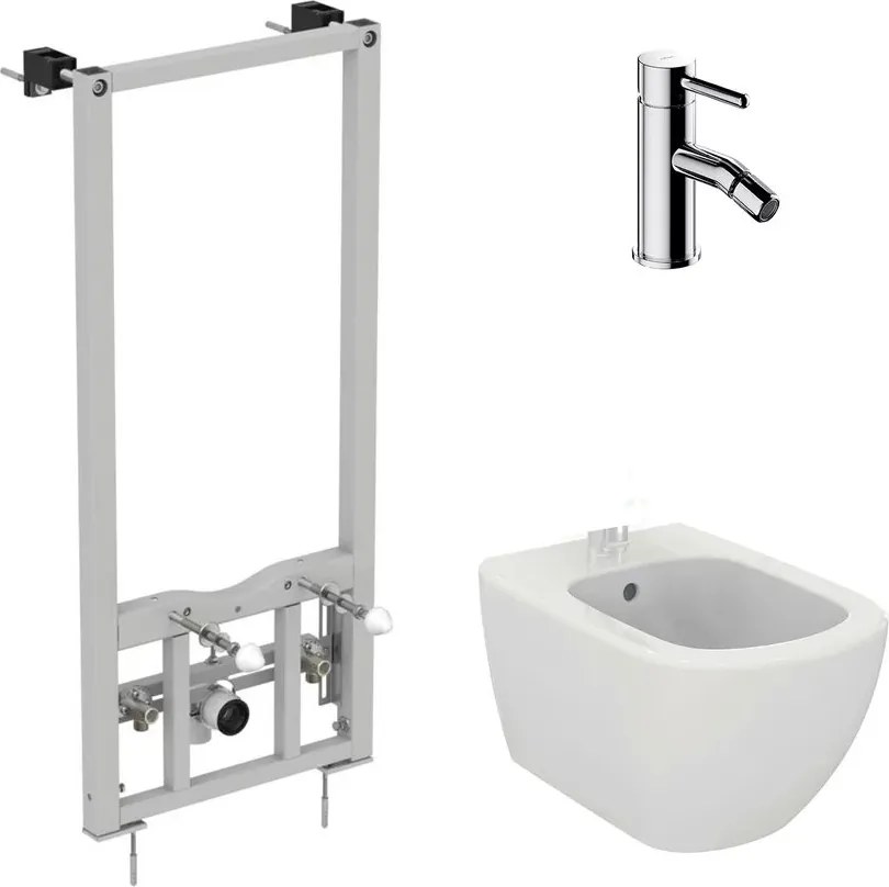 Pachet rama instalare Ideal Standard ProSys, bideu suspendat Ideal Standard Tesi alb si baterie bideu Omnires Y crom