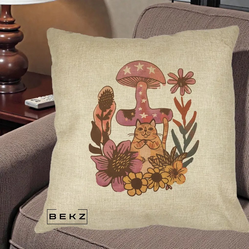 Perna Decorativa Ciuperca Pisica Boho, 40x40 cm, Crem, Husa Detasabila, Perna Inclusa, BEKZ®