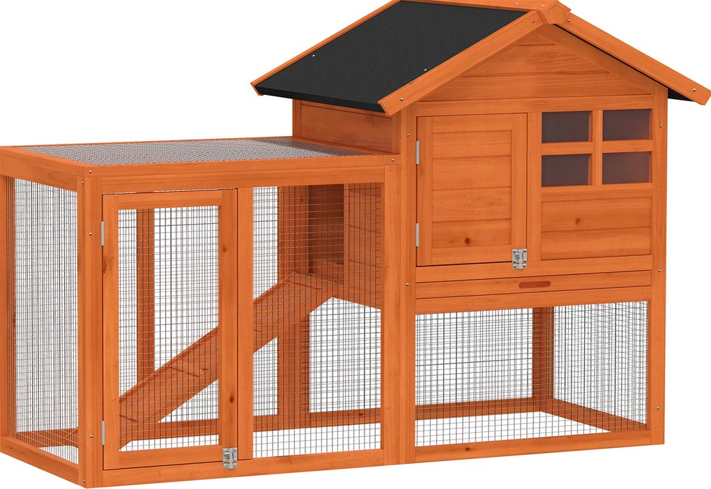 PawHut Coteț iepuri 2 etaje coteț cu acoperiș bituminos impermeabil parc exterior rampă uși lemn 123,5x62,6x92,5 cm Portocaliu | Aosom Romania