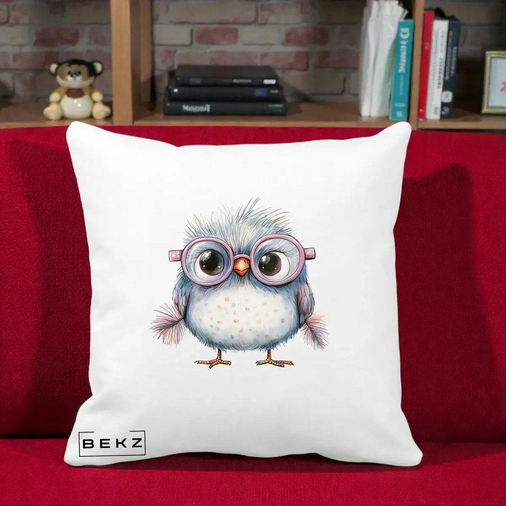 Perna Decorativa Pui Pufos cu Ochelari Roz, 40x40 cm, Alba Mata, Husa Detasabila, Perna Inclusa, BEKZ®