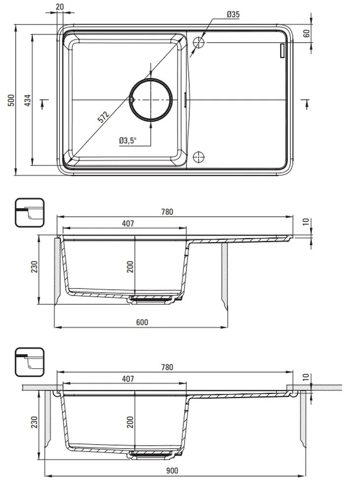 Chiuveta bucatarie compozit Deante Momi, 78x50 cm, cu picurator, alb mat 780x500 mm, Alb mat