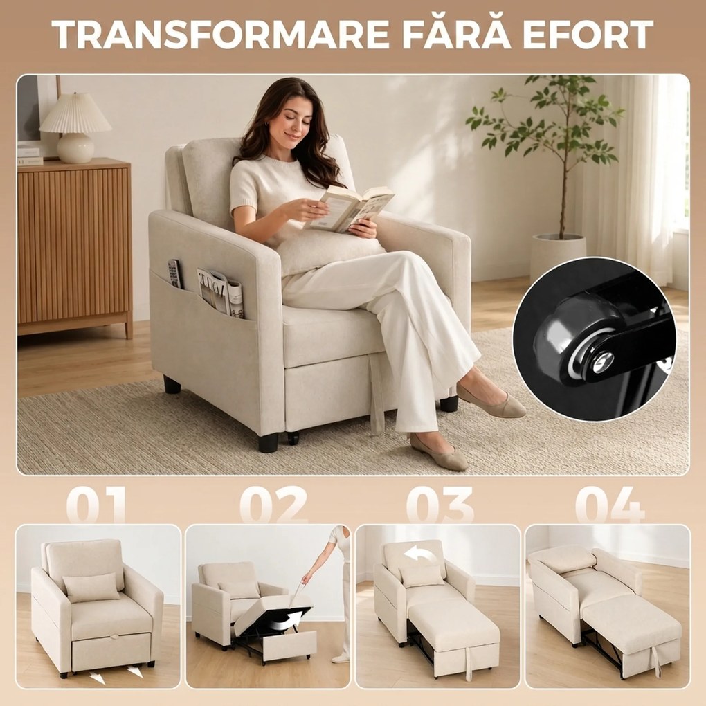 HOMCOM Fotoliu Extensibil 3 în 1 Pliabil cu Spătar Reglabil, Material cu Aspect de In, 78 x 94,5 x 83 cm, Alb Crem | Aosom Romania