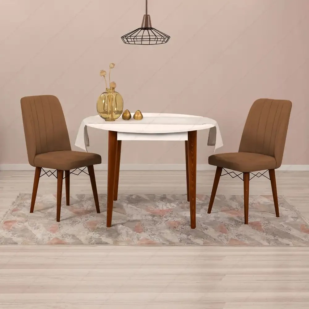 Set masa rotunda cu 2 scaune bucatarie Brigitte, alb si maro