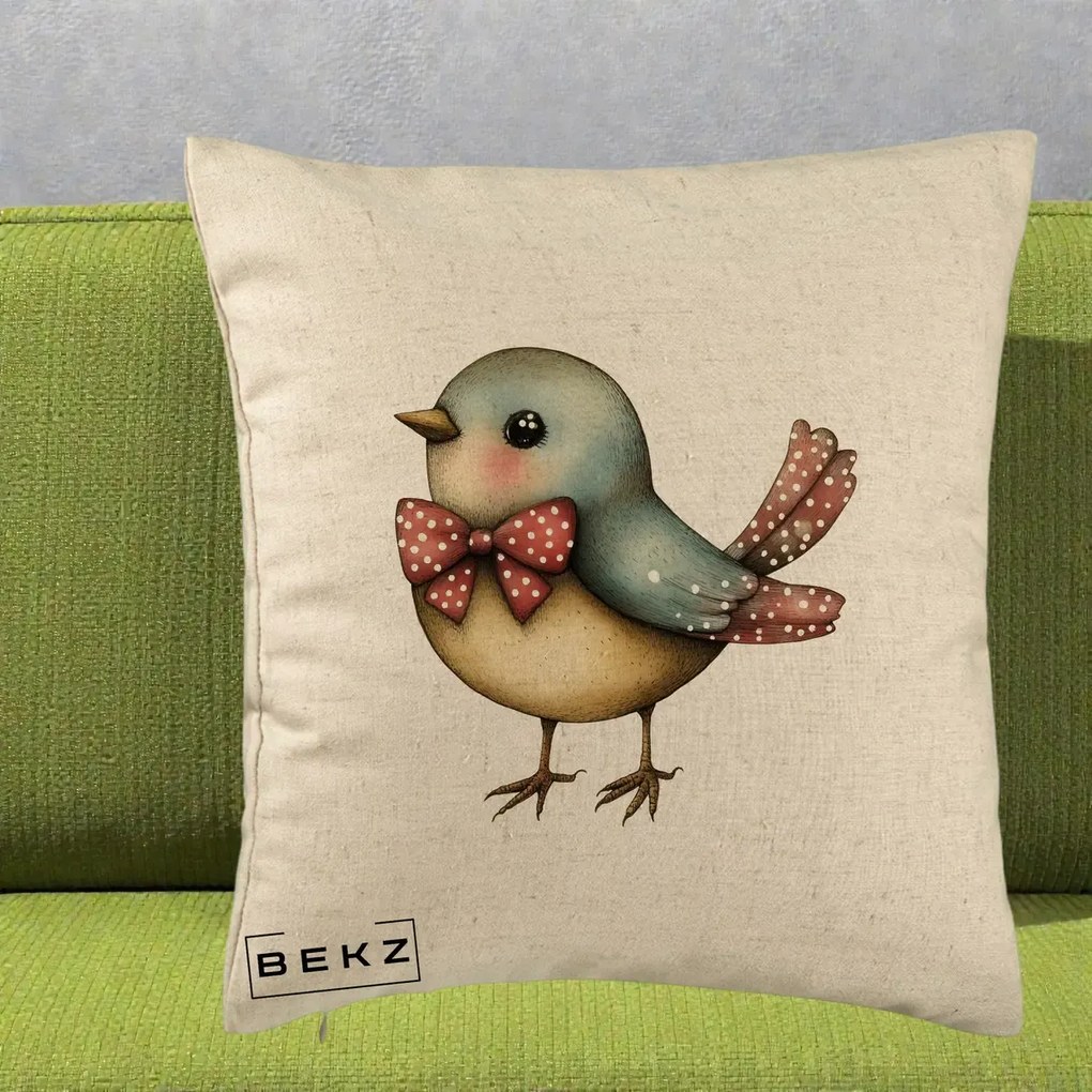 Perna Decorativa Pasare Bleu cu Fundita Rosie, 40x40 cm, Bej, Husa Detasabila, Perna Inclusa, BEKZ®