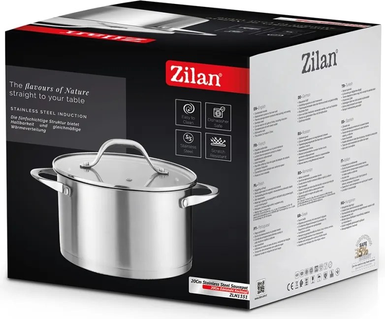 Oala din inox Zilan ZLN1351, 3L Diametru 20 cm, manere nituite, Compatibil gaz, inductie electric, Compatibil masina de spalat vase