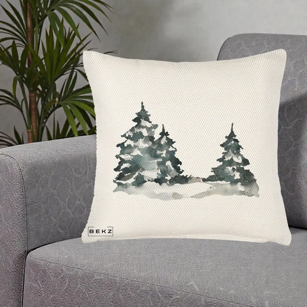Perna Decorativa Brazi Inzapeziti Acuarela, 40x40 cm, Crem Reliefat, Husa Detasabila, Perna Inclusa, BEKZ®