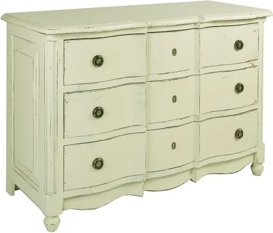 Comodă vintage cu 3 sertare, din lemn de pin, verde, cu fațadă ondulată, mânere rotunde și picioare strunjite, patinat, 90 x 130 x 59 cm, „Arbalette”