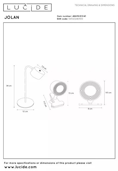 Lucide 46619/03/41 - Lampă de masă LED reglabilă JOLAN, 3,5W/5V