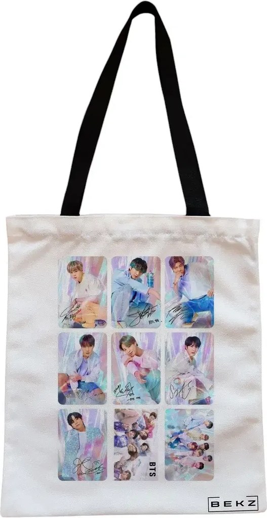 Sacosa de Panza pentru Cumparaturi, Geanta Tote, model BTS Army 11, Cu fermoar, 38x34.5 cm, Alba, BEKZ®