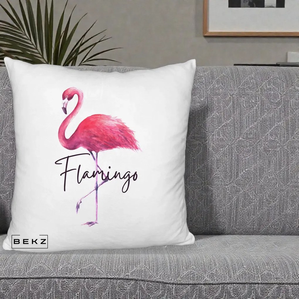 Perna Decorativa Flamingo Acuarela, 40x40 cm, Alb Pufos, Husa Detasabila, Perna Inclusa, BEKZ®