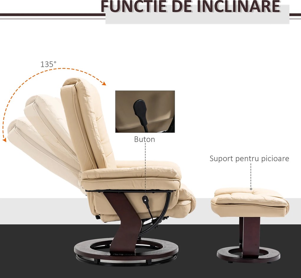 HOMCOM Set Fotoliu și Pouf pentru Picioare, Rotativ la 360° și Reclinabil cu Suport pentru Cap și Brate, 85x106x94cm, Bej | Aosom Romania